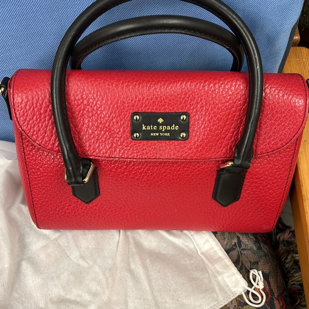Kate Spade Vibrant Red Satchel with Black Handles - added chain for crossbody.